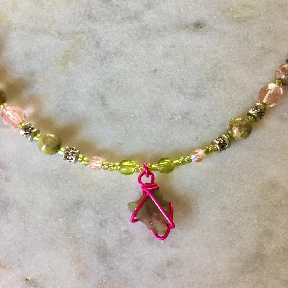 Natural Moldavite Necklace with Unakite Stones, Czech Crystals & Wire Wrapped π - Picture 3 of 15